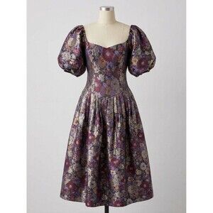 Victor Costa Metallic Floral Brocade Puff Sleeve Midi Dress Dark Cottagecore Sz6